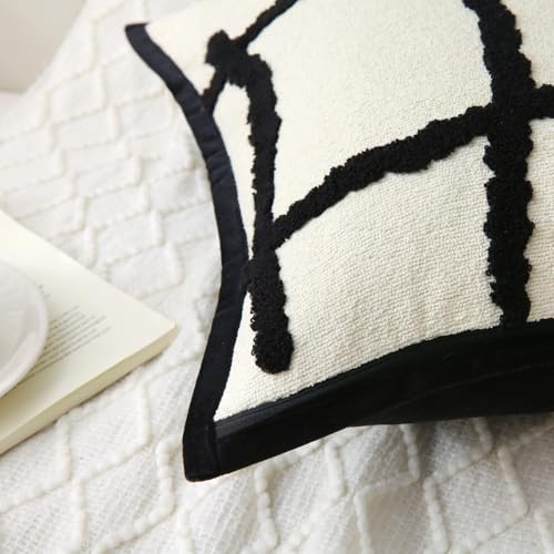 Boho Decorative Throw Pillows with Inserts, 18" x 18" Soft Tufted Modern Chenille Pillow, Pillows for Home, Patio, Couch, Bedroom, Living Room (Black Lines - Cream White Background) - style: Black Lines