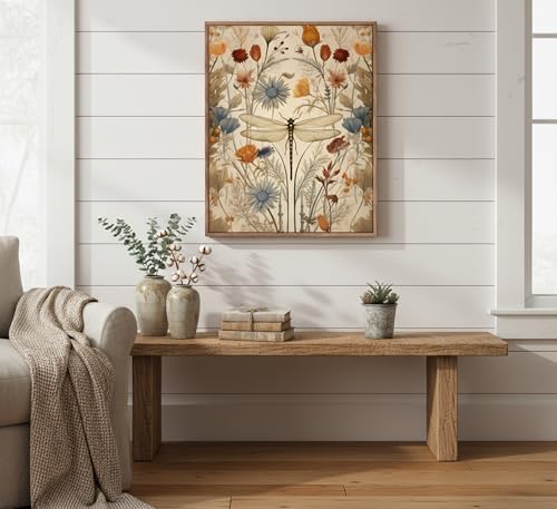 Framed Vintage Dragonfly Canvas Wall Art Picture Boho Natural Poster Prints Farmhouse Cottagecore Wall Decor for Living Room Bedroom 16x24in - color: Dragonfly, size: 24"L x 16"W