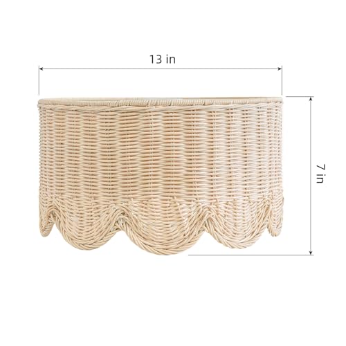 13" Plug in Scalloped Pendant Light, Rattan Hanging Lights with Plug in Cord 15FT Hemp Rope Cord, Dimmable Switch – Indoor Hanging Lamps for Boho Living Room Bedroom (Bulb Included)