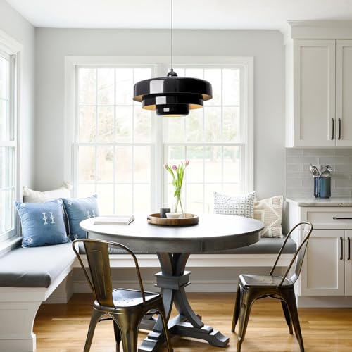 Black Pendant Light with Plug in Cord Modern Pendant Lighting 3-Layer Nordic Style Metal Shade Hanging Light Fixtures Hanging Lamp for Kitchen Island Dining Room Bedroom - color: Standard-Black (13.5in)