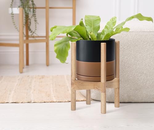 D'vine Dev Ceramic Planter with Natural Stand - 8 Inch Modern Round Flower Pot with Wood Planter Holder, Black/Speckled Tan, 55-B-N-7 - color: Black/Speckled Tan Pot + Natural Stand, size: 8 Inch