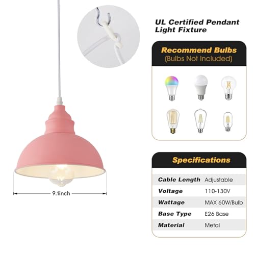 Plug in Pendant Light, 15FT Hanging Lights, On/Off Switch, Industrial Pendant Light with Plug in Cord, Metal Hanging Lamps for Living Room, Kitchen, Dining Room -Pink - color: Pink