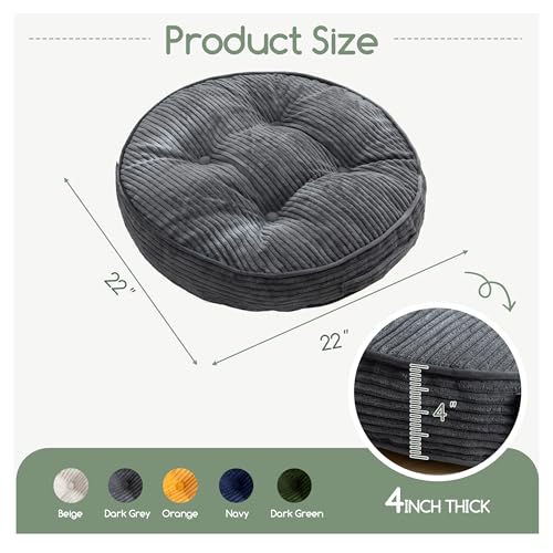 HIGOGOGO Floor Pillow Cushion for Adults, Meditation Cushion Pillow, Large Round Floor Sitting, Tufted Corduroy Cover, for Tatami Living Room or Yoga, 22x22 Inch, 2Pack, Dark Grey - color: Round Dark Grey, size: 4" Thick(Pack of 2)