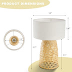 Boho Bamboo Table Lamp, Handwoven Bedside Lamp with Linen Shade, Small Natural Weave Nightstand Light for Living Room, Tea Room, Desk,White - color: White