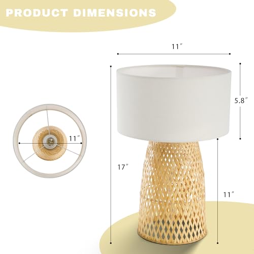 Boho Bamboo Table Lamp, Handwoven Bedside Lamp with Linen Shade, Small Natural Weave Nightstand Light for Living Room, Tea Room, Desk,White - color: White