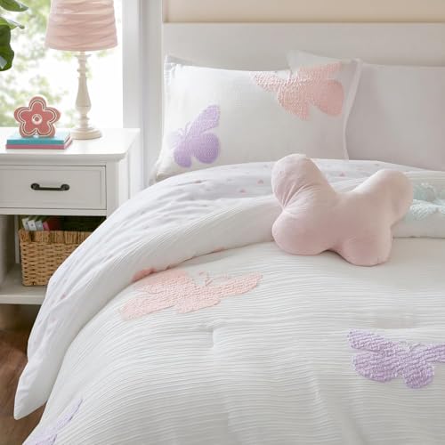 Intelligent Design Kids Rio Twin Comforter Set – Girls’ Reversible Tufted Chenille Bedding with Pastel Purple Butterflies and Pink Dot, 3pcs - color: Multicolor, size: Twin Comforter