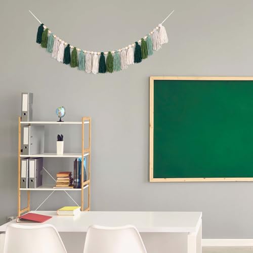 GIAUMA Green Tassel Garland with Wood Bead Jungle Leaves Woodland Forest Boho Wall Hanging Tassels Bunting Banner for Classroom Nursery Dorm Kids Bedroom Room Baby Shower Birthday Party Office Decor - color: Green