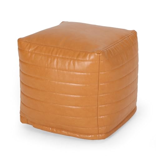 GDFStudio Contemporary Faux Leather Channel Stitch Pouf Ottoman Foot Stool - Bean Bag Floor Chair - Foot Rest Couch for Living Room Bedroom,Caramel Cube,16"" x 16"" x 16"", Conrai,caramel, 314802N - color: Caramel, size: 16"