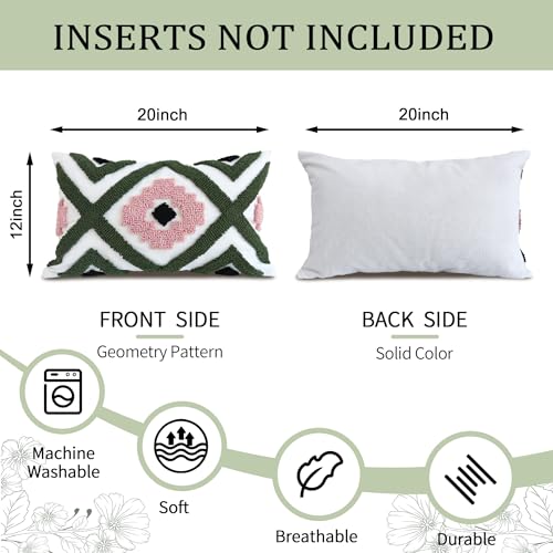 Boho Accent Lumbar Pillow Covers 12x20 - Tufted Abstract Modern Throw Pillow Covers, Farmhouse Decorative Pillowcase for Couch, Sofa, Bed, Living Room -Green Pink Black Geometric - color: Green Geometric
