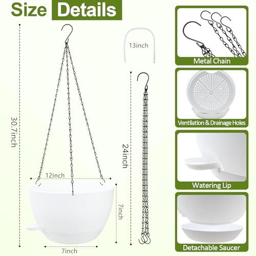 WOUSIWER Self Watering Hanging Planters, 2 Pack 12'' Plastic Pots with Drainage Holes & Reservoir Tray (White) | Indoor & Outdoor Use for Ferns, Ivy, Herbs, Succulents - color: White, size: 2 Pack 12 inches