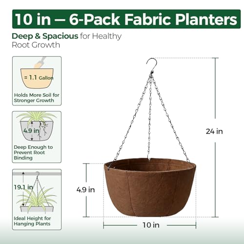 T4U Hanging Planters for Outdoor Plants, 10 Inch 6 Pack Fabric Hanging Baskets with Drainage Tray, Decorative Hanging Pots for Plants Outdoor Patio Porch Garden Use（Brown） - size: 10 Inch, 6-Pack