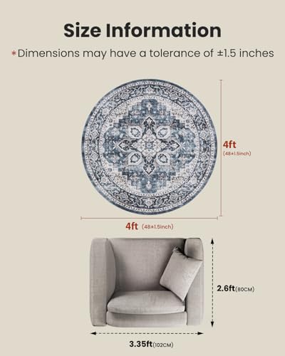 AMADA HOMEFURNISHING Round 4ft Area Rugs, Low-Profile Washable Rug with Non-Slip Backing & Durable Edge Binding, Vintage Rugs for Living Room, Bedroom, Dinning Room - color: Blue, size: 4' (Round)