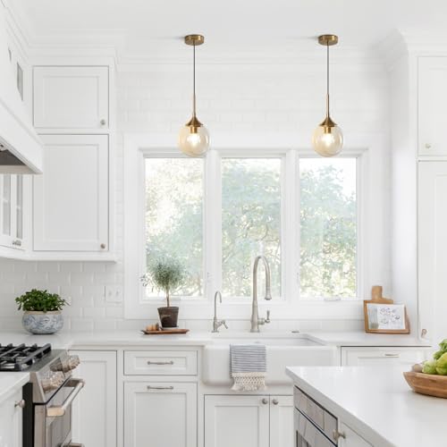 KCO Lighting Mid Century Modern Pendant Chandelier Amber Glass Hanging Lamp Gold Globe Pendant Lights Kitchen Island Brushed Brass Pendant Light Large Kitchen Pendant Lighting Over Island - color: Amber