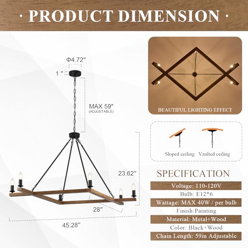 L45'' Rustic Oak Square Wood Chandeliers Farmhouse 6-Light Rectangular Candle Chandelier Unique Long Ceiling Pendant Light for High Ceiling Living Dining Room Foyer Kitchen Island,E12 - color: Golden Oak, size: 45 inches