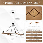 L45'' Rustic Oak Square Wood Chandeliers Farmhouse 6-Light Rectangular Candle Chandelier Unique Long Ceiling Pendant Light for High Ceiling Living Dining Room Foyer Kitchen Island,E12 - color: Golden Oak, size: 45 inches