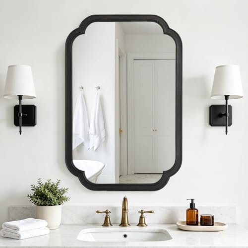 HOMECOOKIN Wood Bathroom Mirror for Wall Decor Arched Rounded Corner Rustic Wood Frame Wall Mirror Home Decorative for Vanity, Living Room, Bedroom, Entryway (20 x 30 inch, Black) - color: Black, size: 30"L x 20"W