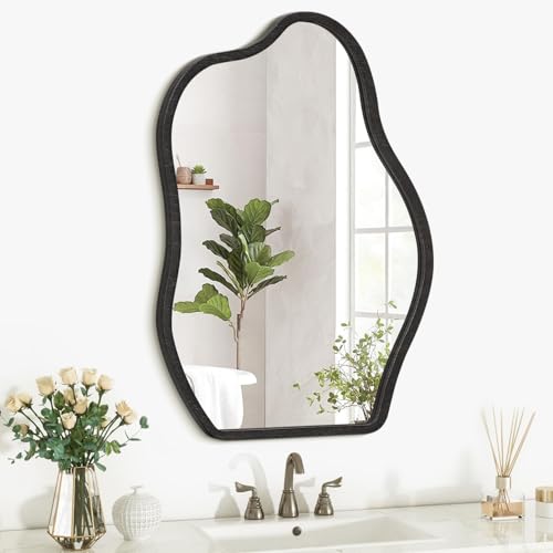 Asymmetrical Irregular Mirror for Wall Wooden Framed Hanging Wall Mirror Cloud Modern Unique Bathroom Wall Mirror Decorative Bedroom Living Room Entryway Hallway Artistic Hanging Mirror - color: Dark Golden, size: 26"L x 18"W