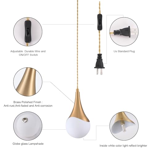 MWZ Gold Plug in Pendant Light,Hanging Lights with Plug in Cord On/Off Switch, Mini Brass Pendant Lights for Kitchen Island,1-Light Modern Raindrop Chandelier Lamps with Milky White Globe Glass Shade - color: Gold+White, size: 1 Pack-Plug in
