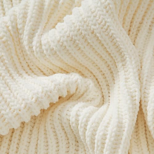WESHIONGOO Throw Blanket for Couch Soft Knit Throw Blanket with Chenille Yarn Non-Shedding, Chenille Blanket for Living Room Bed Sofa (Cream White, 50"*60") - color: Cream White