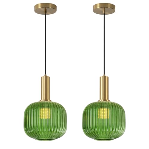 BOKT Mid Century Green Glass Pendant Lights 2-Light Mini Globe Ceiling Pendant Light Ribbed Glass Pendant Light Gold Finish Hanging Light Fixture for Kitchen Island Foyer - color: Green-2 Pack