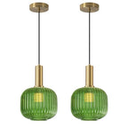 BOKT Mid Century Green Glass Pendant Lights 2-Light Mini Globe Ceiling Pendant Light Ribbed Glass Pendant Light Gold Finish Hanging Light Fixture for Kitchen Island Foyer - color: Green-2 Pack