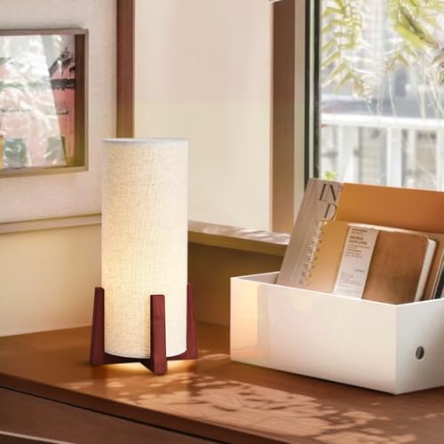 KUNJOULAM Modern Small Table Lamps, Nightstand Lamp with Linen Fabric Shade, 13.9" Cylinder Bedside Table Lamp for Bedroom, Cafe, Living Room Home Decor - color: Dark Brown