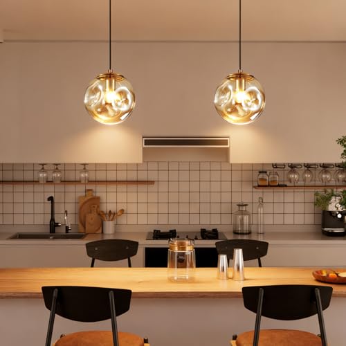 Modern Amber Concave Glass Pendant Light, 2-Pack Kitchen Island Lighting Single Globe Pendant Light Fixtures Century Kitchen Island Pendant Light for Bedroom Dining Room Light (Without Bulbs) - color: Amber-1 Light-2PC
