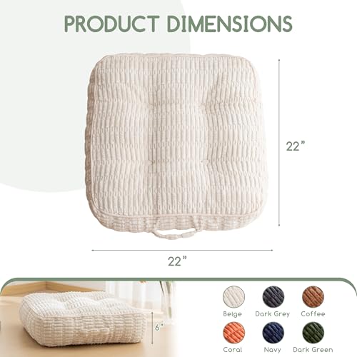 HIGOGOGO 6" Floor Pillow Cushion for Adults, Meditation Cushion Pillow, Blended Corduroy Cover, Large Square Floor Sitting for Tatami Living Room or Yoga, 22x22 Inch, Beige - color: Square Beige, size: 6" Thick(Pack of 1)