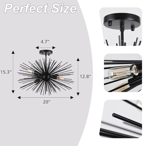 20in Black Sputnik Ceiling Light Fixtures Over Table 4-Lights Starburst Sputnik Chandelier Modern Solid Metal Semi Flush Mount Ceiling Light for Bedroom, Kitchen, Hallway, Laundry Room, E12 - color: Black 20" 4-Light