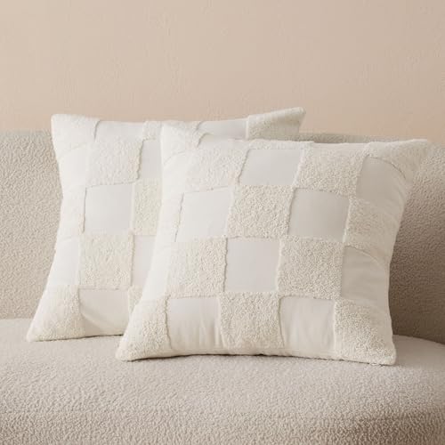 Double Stitch Checkered Throw Pillow Covers - 100% Cotton Set of 2 Tufted Boho Decorative Pillow Covers 20x20, Made in India, Square Cushion Case, Modern Home Decor for Couch, Sofa, Living Room, Cream - color: Cream, size: 20" x 20" (Pack of 2)