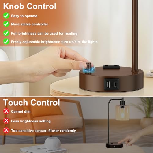 Innqoo Industrial Table Lamps for Bedrooms Set of 2 - Fully Dimmable Bedside Lamps with USB Ports and Outlet, Brown Nightstand Lamps with Glass Shade for Living Room, Desk Lamps for Office Reading - color: Brown