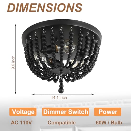 Black 14.1 inch Boho Chandelier,3-Light Wood Beaded Chandelier Light Fixture Bohemia Draped Bead Chandelier, Flush Mount Ceiling Light Fixture for Dinning Room Bedroom Hallway - color: Black 14.1"