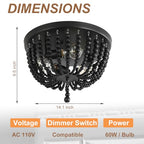 Black 14.1 inch Boho Chandelier,3-Light Wood Beaded Chandelier Light Fixture Bohemia Draped Bead Chandelier, Flush Mount Ceiling Light Fixture for Dinning Room Bedroom Hallway - color: Black 14.1"