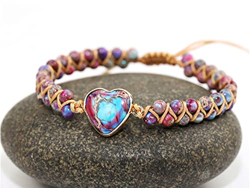 Women Boho Wrap Bracelet,Handmade Natural Stone Crystal Emperor Beads Heart Bracelet, Fashion Bohemian Jewelry Gift for Women - color: Emperor Jasper