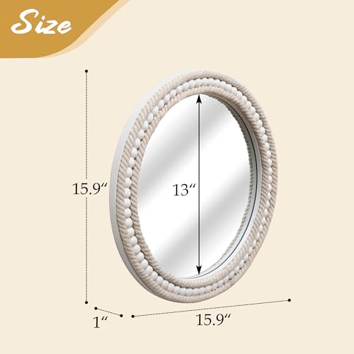 Boho Round Beaded Wall Mirror - 16 Inch Decorative Rope-Wrapped Circle Mirrors for Bathroom Living Room Entryway