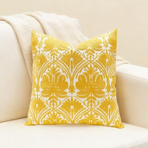 Slow Cow Yellow Canvas Embroidery Decorative Throw Pillow Cover Cushion Cover for Couch Sofa 18 x 18 Inches - color: Yellow Rose, size: 18" x 18" (Pack of 1)