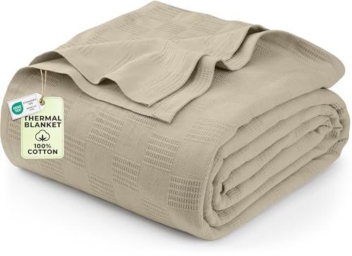 Utopia Bedding 100% Cotton Thermal Blanket Khaki Queen Size Soft, Lightweight, Breathable, Cozy Spring and Summer Blankets for Bed, Home Room Decor Gifts for Fathers Day and Dad (90x90 Inches) - color: Khaki, size: Queen