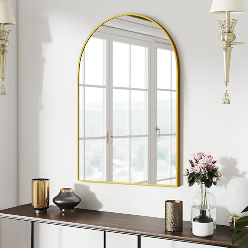 SCWF-GZ 24x36 Arch Mirror Rectangle Full Length Wall Mounted Hanging or Against Wall Metal Aluminum Alloy Frame Dressing Make-up Mirrors for Entryway Bedroom Bathroom Living Room 24 36 inch Gold - color: Gold, size: 36"L x 24"W