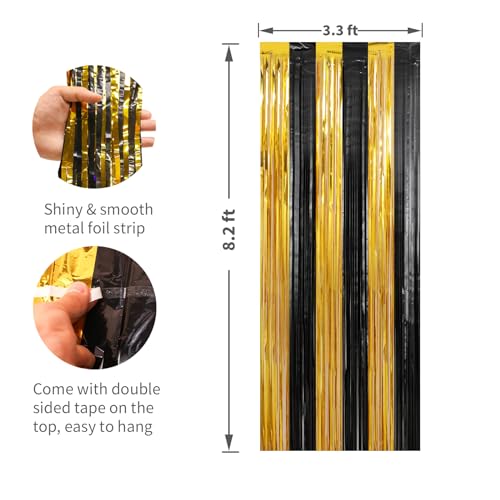 Crosize 2 Pack 3.3 x 9.9 ft Gold and Black Foil Fringe Curtains Party Decorations, Gold Tinsel Curtain Backdrop for Parties, Door Streamers, Glitter Streamer Fringe Backdrop for Birthday Decoration - color: Gold and Black, size: 2 Pack