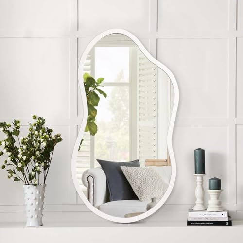 AAZZKANG Small Wall Mirror with Irregular Wood Framed Decorative White Mirrors for Bedroom Dressing Room Living Room Bathroom Entryway - color: White, size: 14"L x 8"W