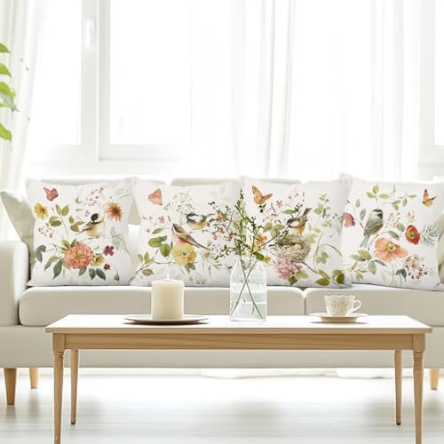 Birds Throw Pillow Covers, Flower Floral Vintage Decorative Pillow case, 4-Pack Double-Side Printed Pillowcases for Sofa and Living Room, 18x18 in - color: 20, size: 18" x 18" (Pack of 4)