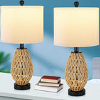 Coastal Table Lamps Set of 2, Retro Rattan Woven 24" Bedside Lamp, for Bedroom Living Room Home Nightstand Table Lamp(with USB C+A 5V 2.1A Charging Ports)