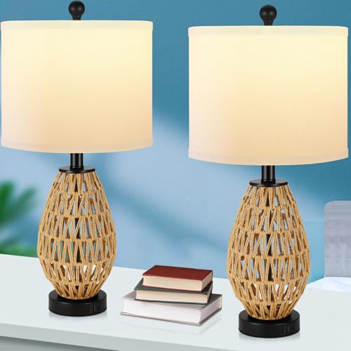 Coastal Table Lamps Set of 2, Retro Rattan Woven 24" Bedside Lamp, for Bedroom Living Room Home Nightstand Table Lamp(with USB C+A 5V 2.1A Charging Ports)