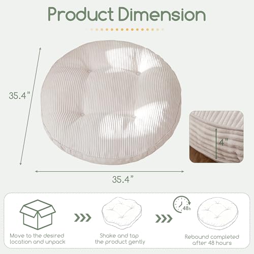 HIGOGOGO 35" Floor Pillow Cushion for Adults, Meditation Cushion Pillow, Extra Large Square Floor Sitting, Tufted Corduroy Cover for Tatami Living Room or Yoga, Beige - color: Beige, size: 4" Thick Round