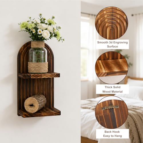 Artilady Boho Arched Shelf Wall Decor 2- Tier Wood Floating Shelves Farmhouse Mid Century Plant Holder for Bedroom Living Room Bathroom (Dark Brown 2 Tier) - color: Dark Brown 2 Tier