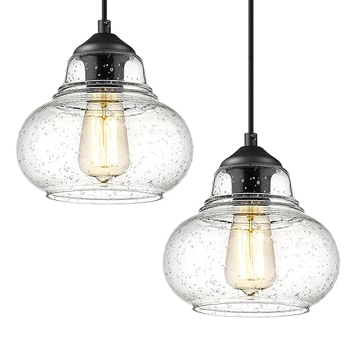 ELYONA 2 Pack Bubble Glass Pendant Light 8 inch Industrial Kitchen Hanging Pendant Light Fxitures Modern Hand Blown Seeded Glass for Farmhouse Dining Room Bar Bedroom Living Room Black - color: Black-2 Pack