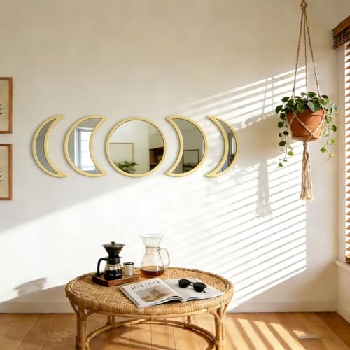 5-Piece Set of Moon Phase Mirror Decorations in Nordic Style, Acrylic Mirror paired with Wooden Combination, Bohemian Style Living Room Bedroom Home Decoration, Beige (Beige) - color: Beige