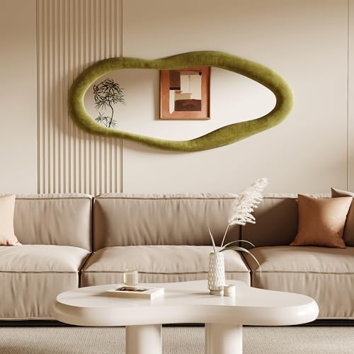 Honyee 55" x 24" Wavy Mirror, Flannel Wrapped Wooden Frame, Irregular Hanging for Cloakroom/Bedroom/Living Room, Green - color: Green, size: 55"L x 24"W