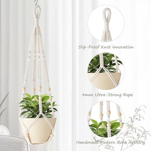 35 Inch Macrame Plant Hanger Indoor with Wood Beads and No Tassels,Strong Hanging Planter Flower Pot Holder for Indoor Outdoor Boho Home Decor,Set of 1,Ivory(Pots Not Included)