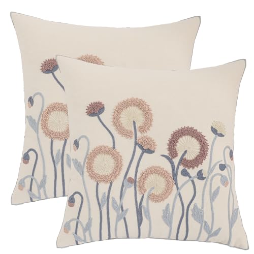 Embroidered Throw Pillow Covers 18x18 Set of 2 Vintage Blowball with Blue Leaves Pillow Cushion Case Decorative Pillowcases Square Rustic Floral Pillow Case Summer Fall Autumn Home Decor - color: Blowball